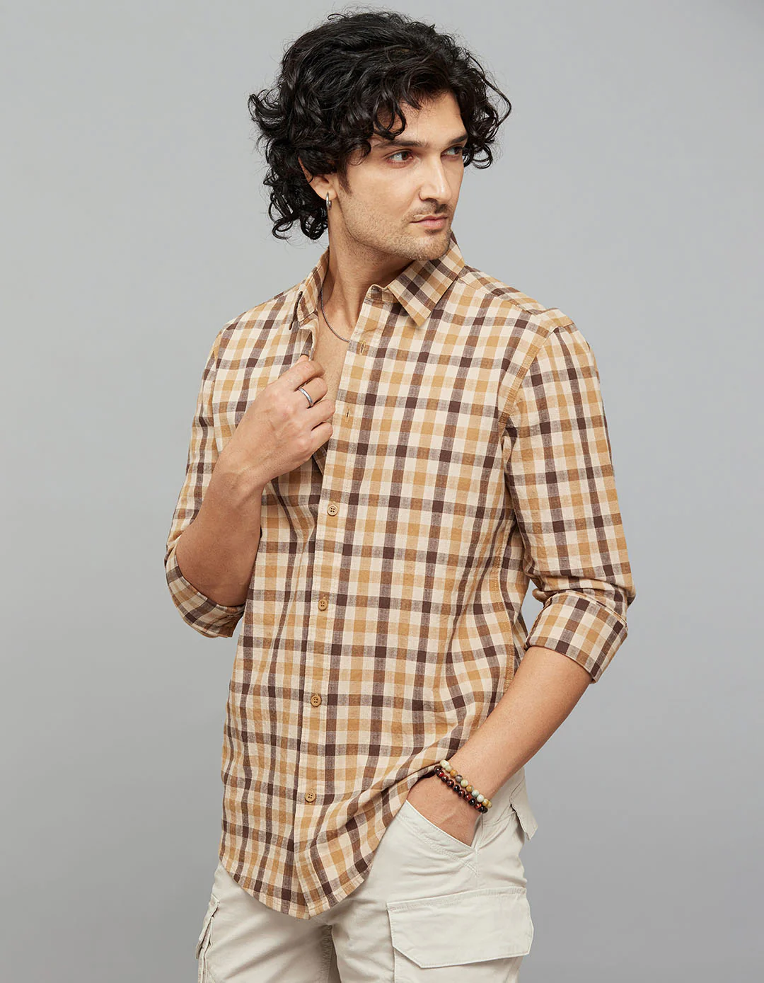 Beige Brown 100% Cotton Full Sleeves Check Shirt - Image 3
