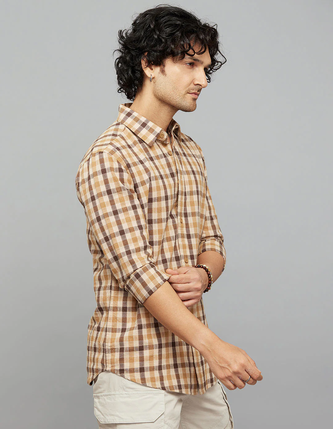 Beige Brown 100% Cotton Full Sleeves Check Shirt - Image 4