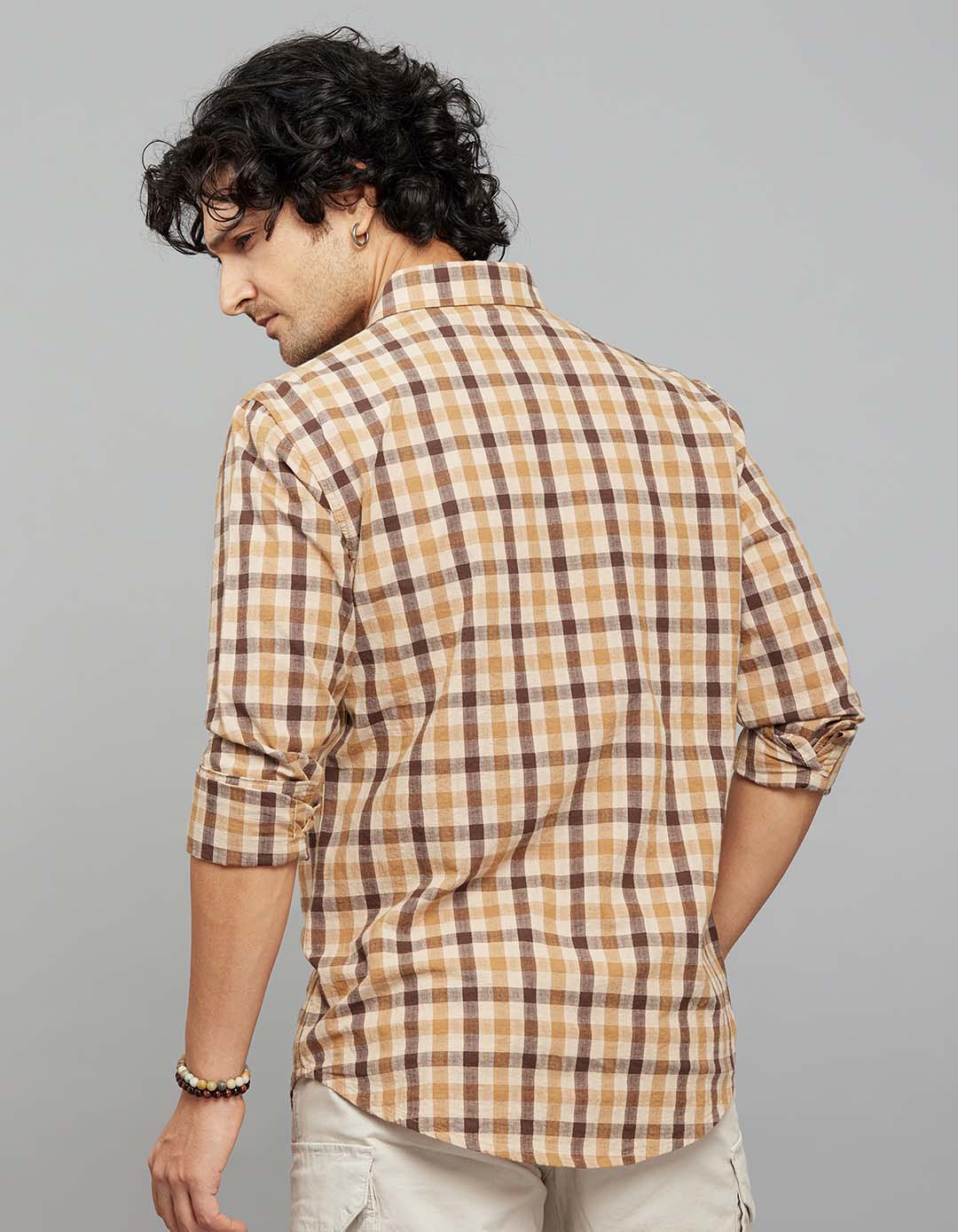 Beige Brown 100% Cotton Full Sleeves Check Shirt - Image 5