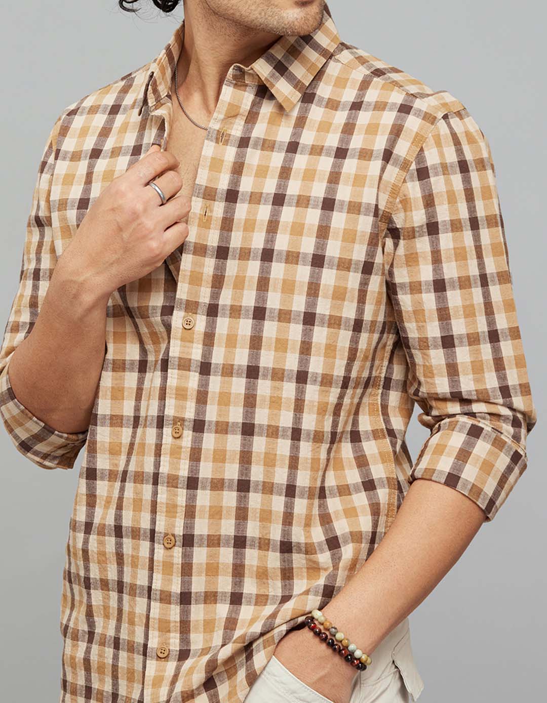 Beige Brown 100% Cotton Full Sleeves Check Shirt - Image 6