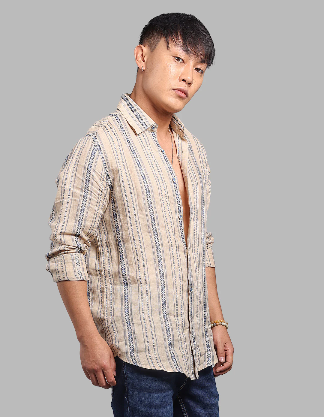 Beige Full Sleeve Linen Blend Stripe Shirt - Image 4