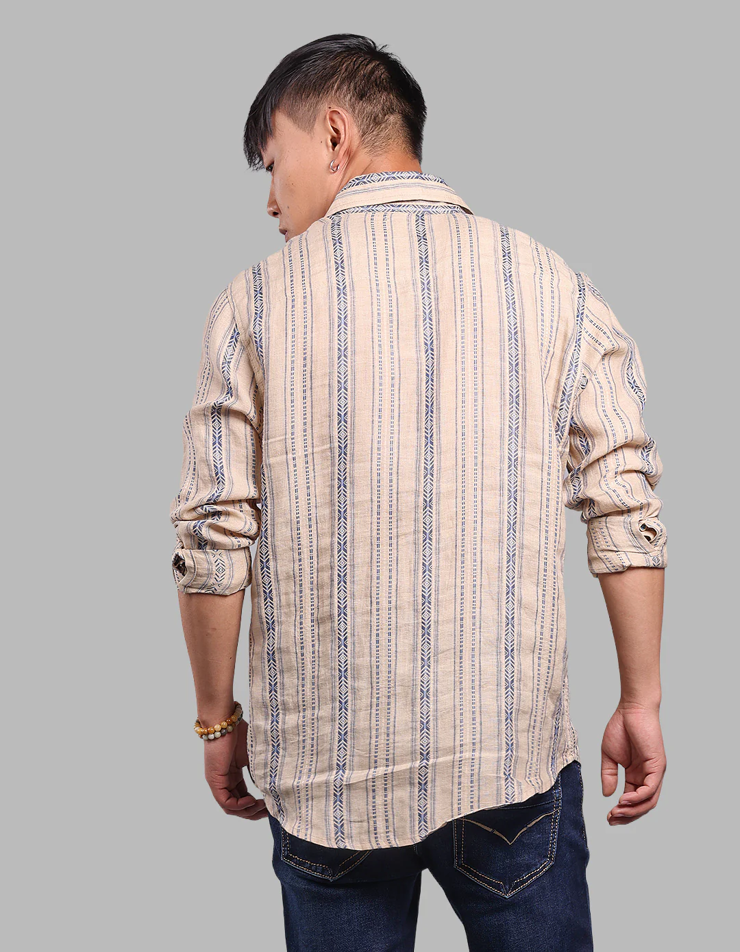 Beige Full Sleeve Linen Blend Stripe Shirt - Image 5