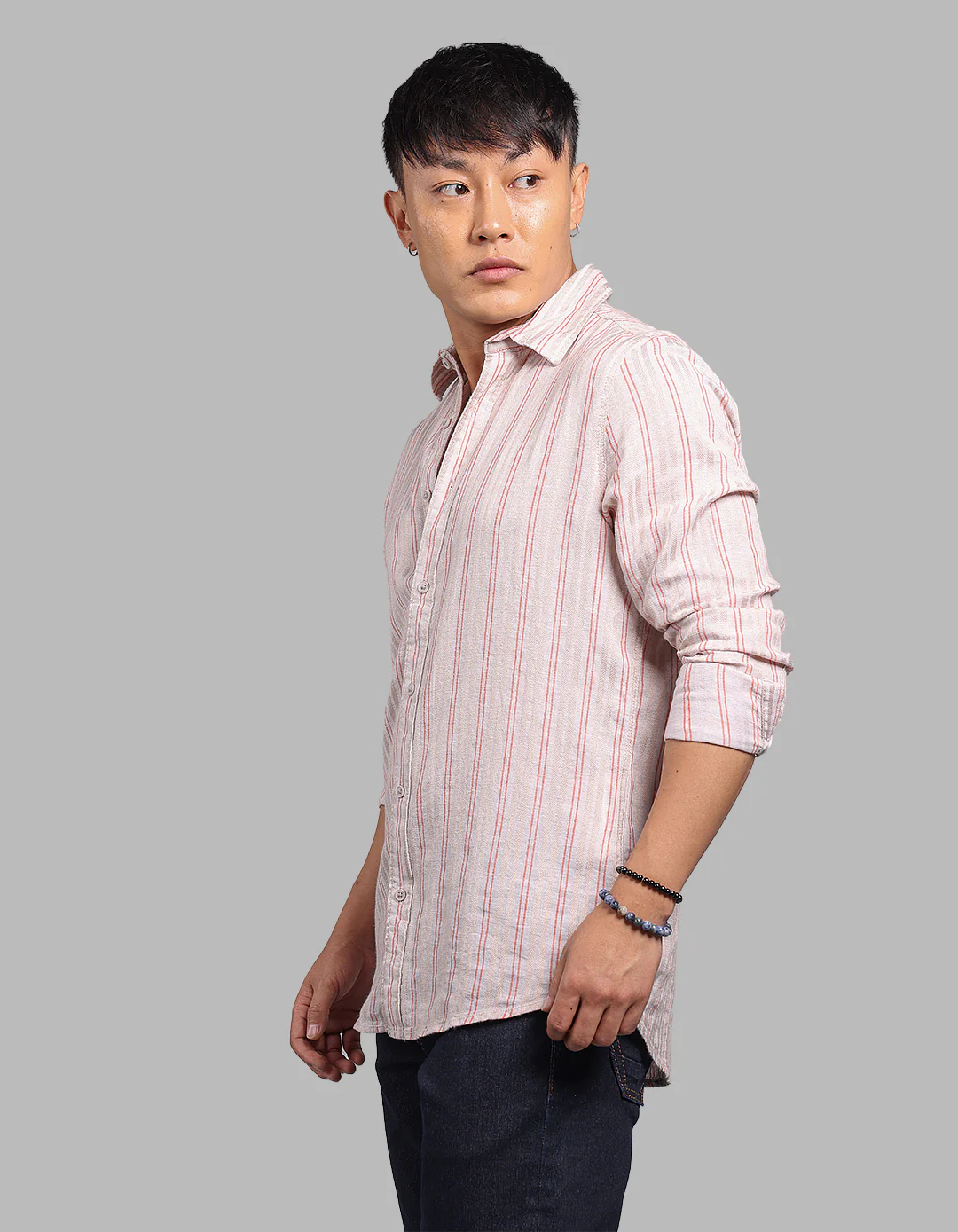 Beige Full Sleeve Linen Blend Stripe Shirt - Image 3