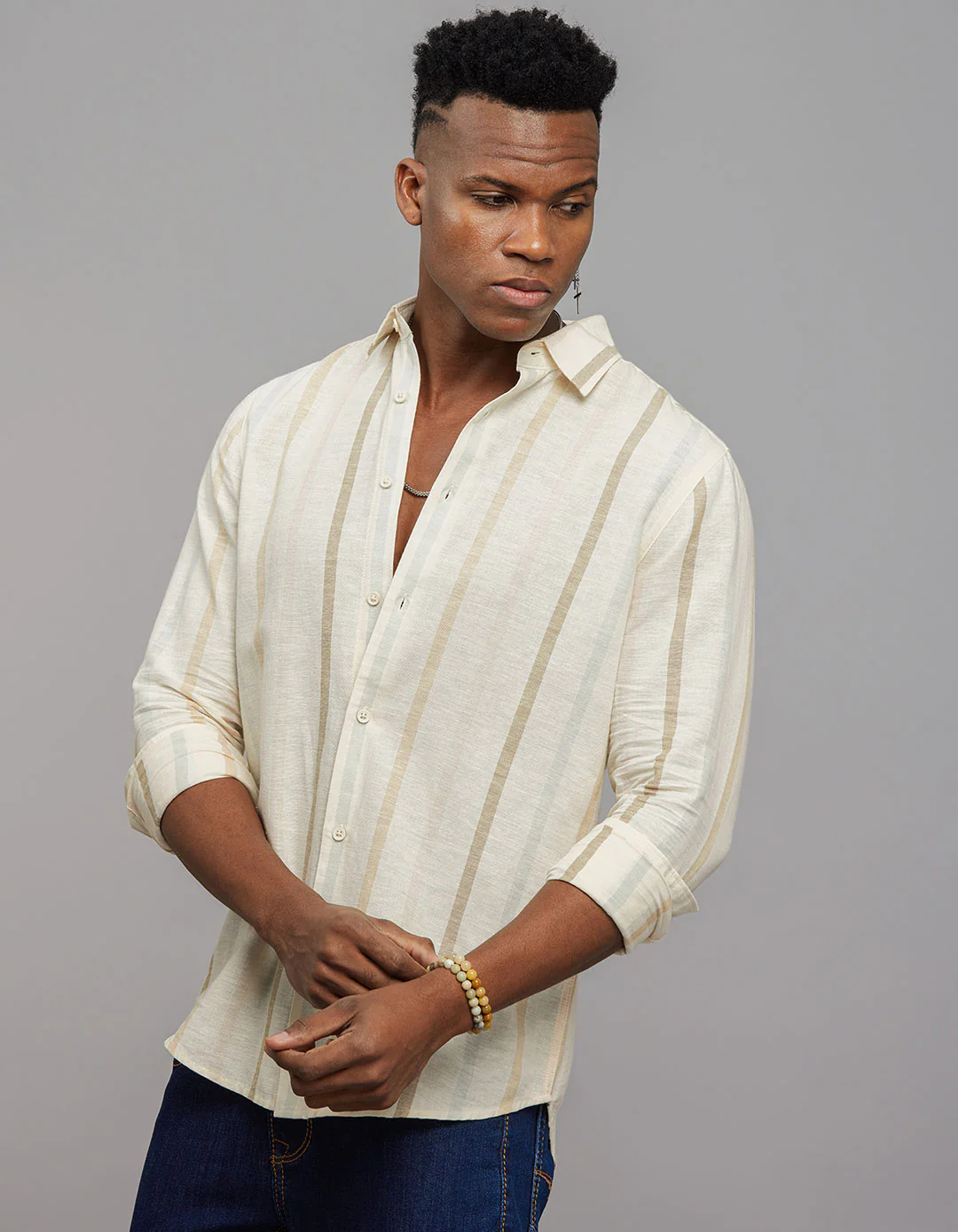 Beige Full Sleeves Linen Blend Stripe Shirt - Image 3