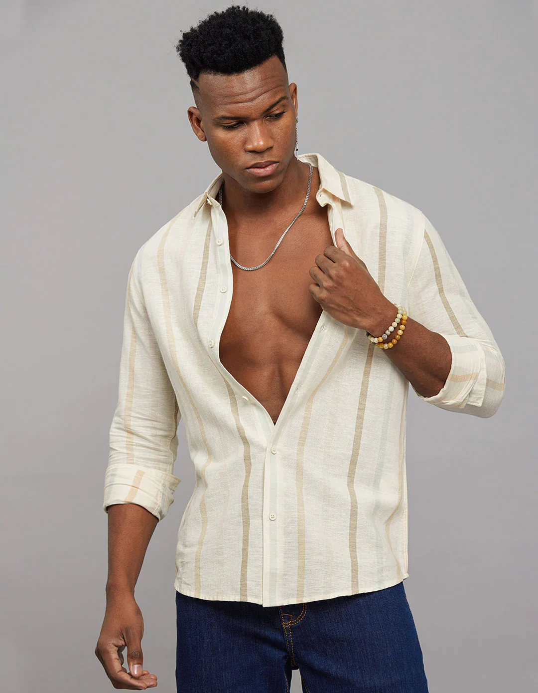 Beige Full Sleeves Linen Blend Stripe Shirt - Image 4
