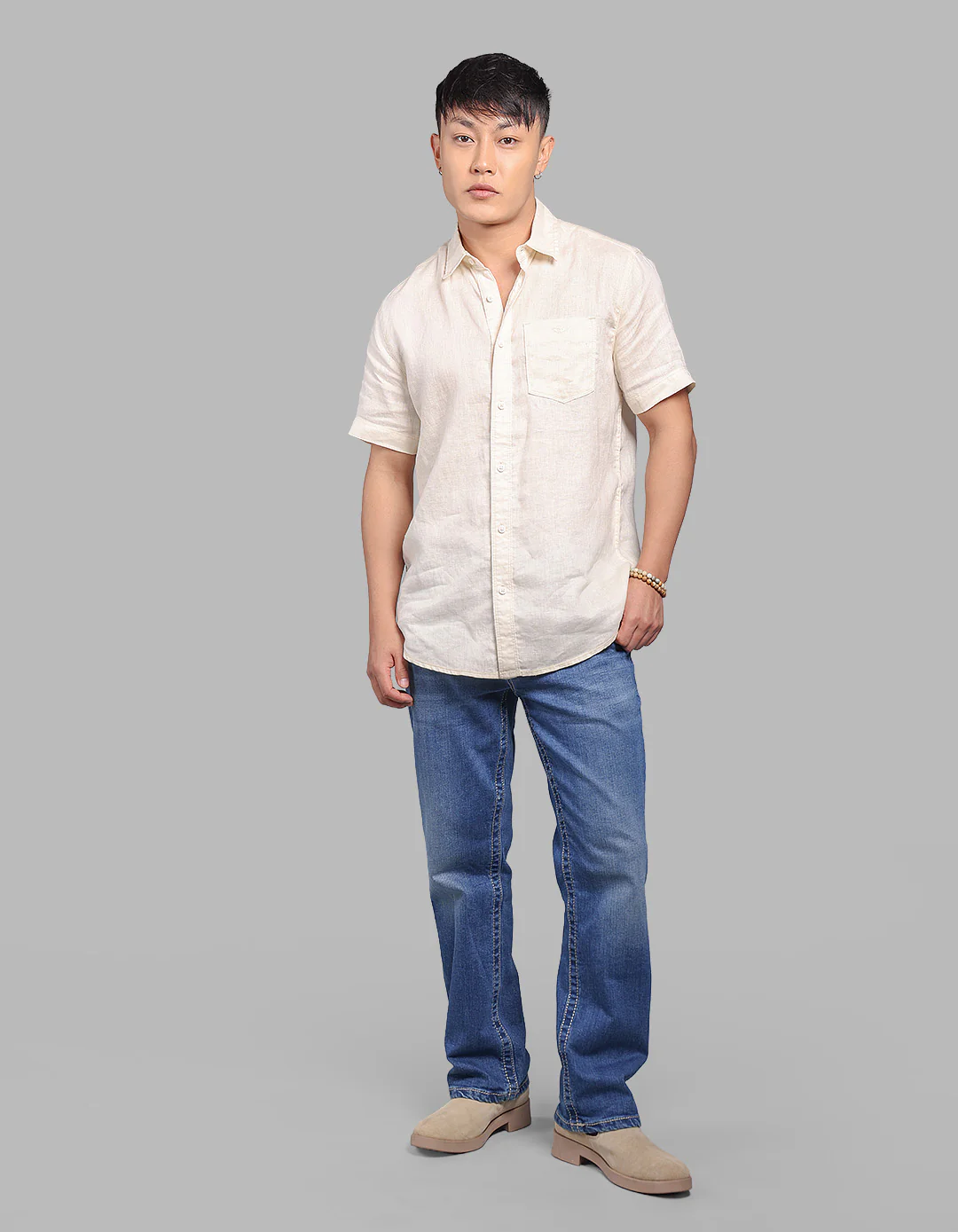 Beige Half Sleeve 100% Linen Shirt - Image 2