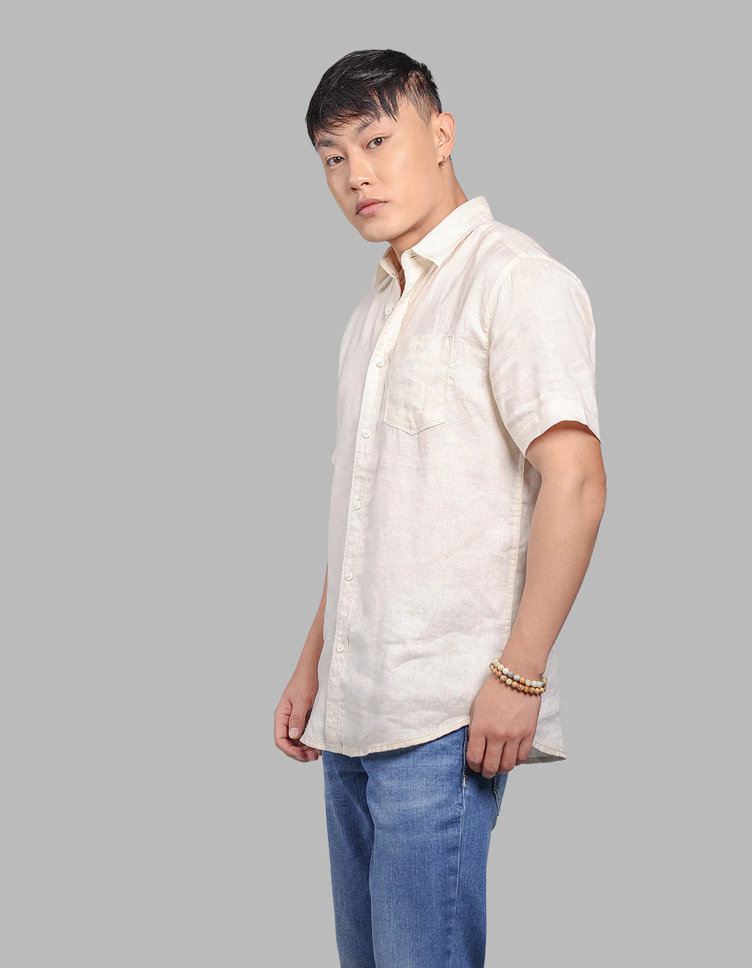 Beige Half Sleeve 100% Linen Shirt - Image 3