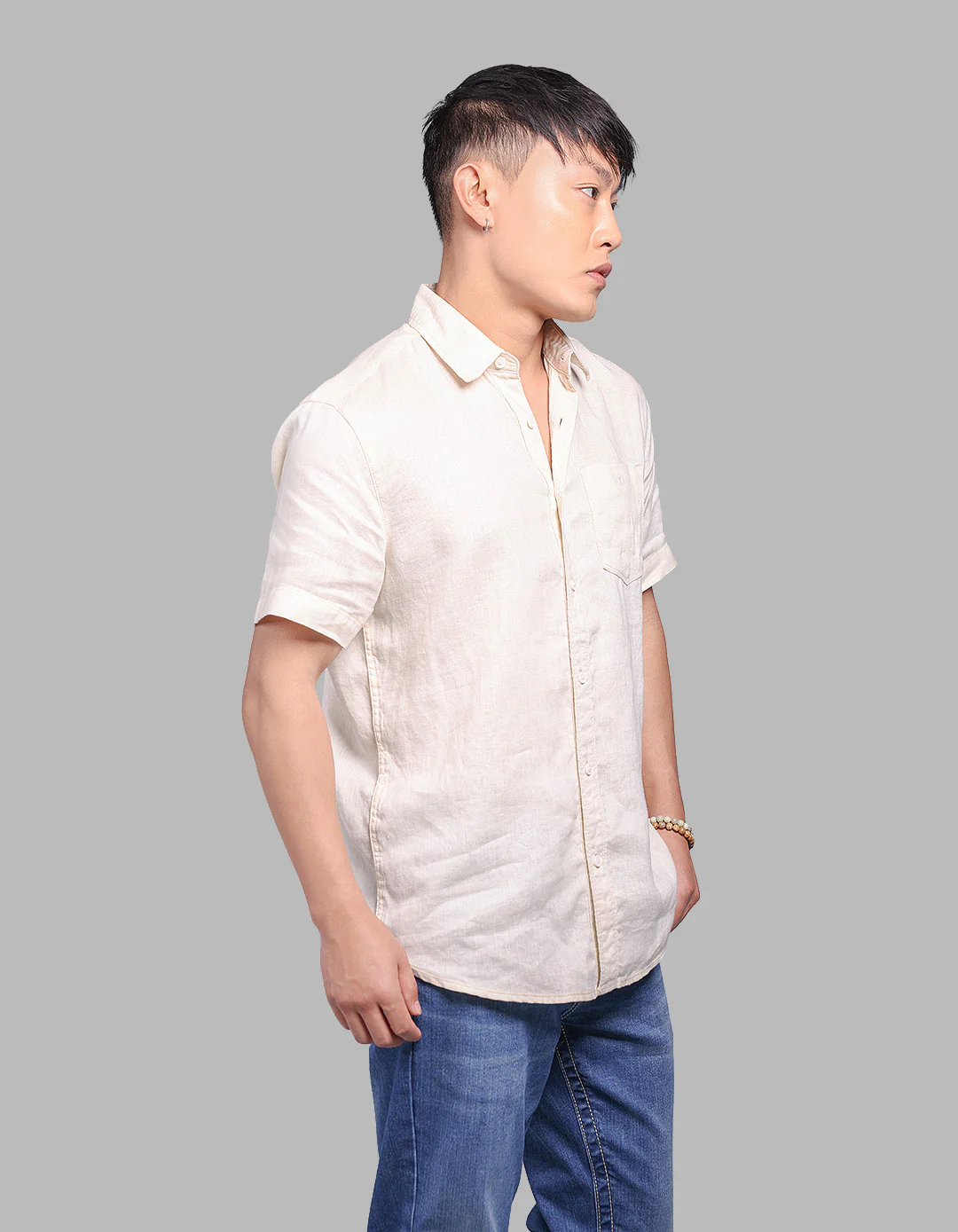 Beige Half Sleeve 100% Linen Shirt - Image 4