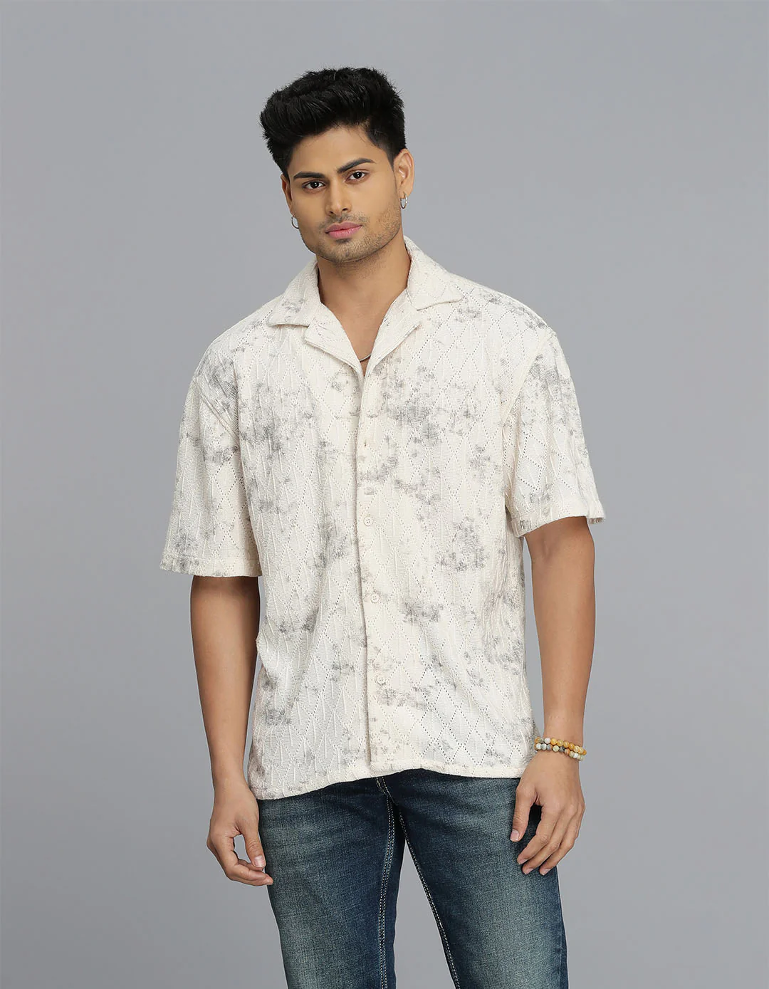 Beige Half Sleeves Crochet Shirt
