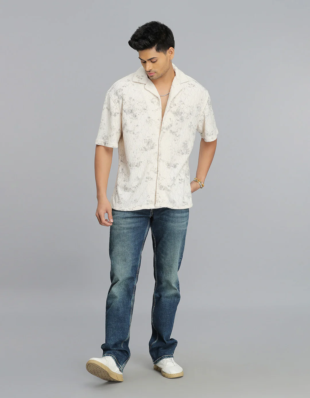 Beige Half Sleeves Crochet Shirt - Image 2