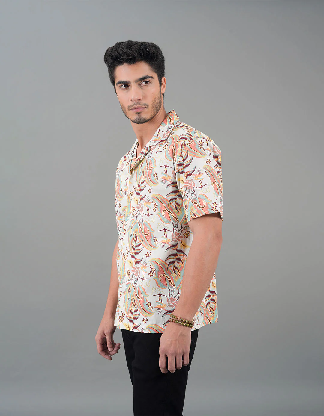 Beige 100% Cotton Half Sleeves Printed Shirt - Image 3