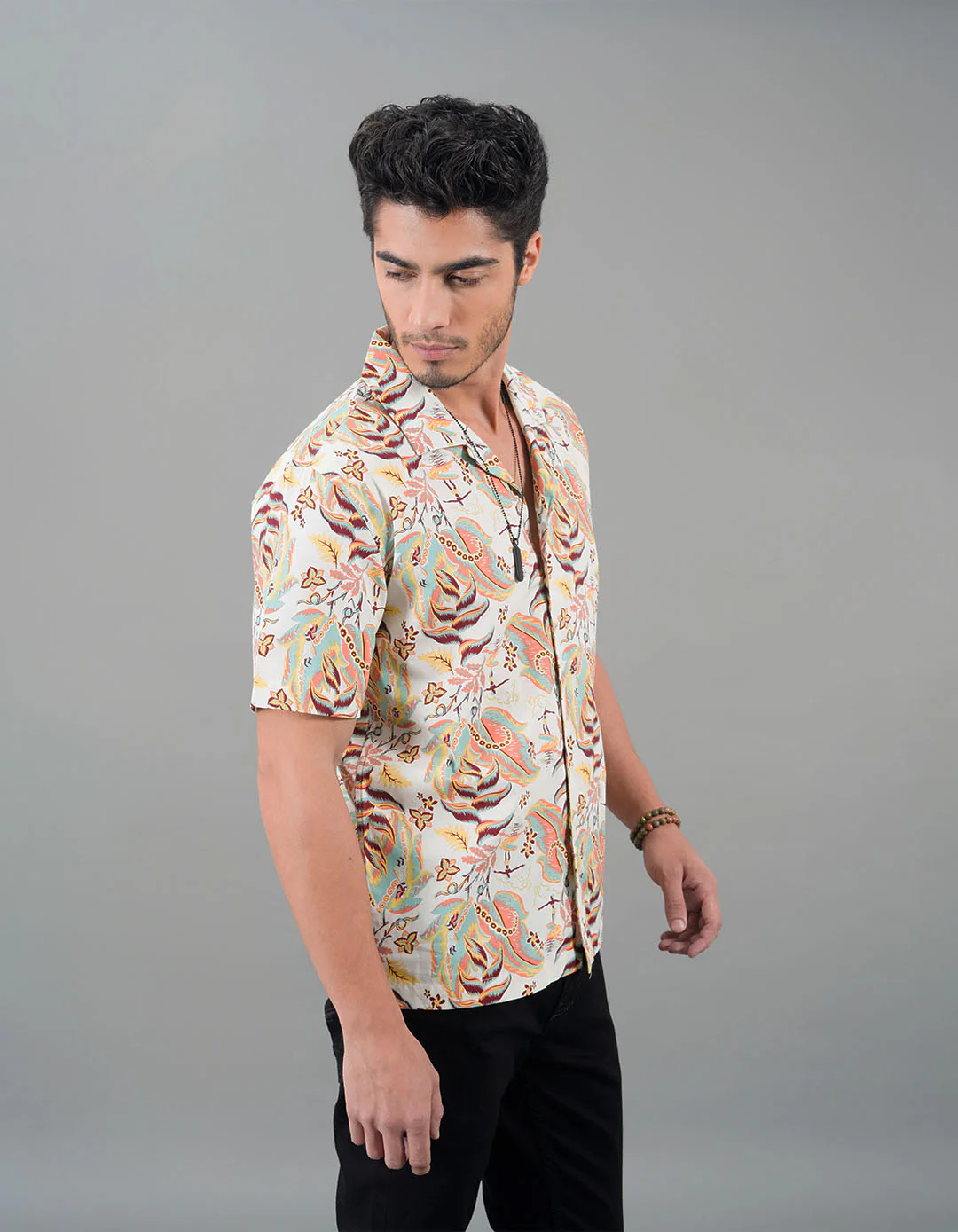 Beige 100% Cotton Half Sleeves Printed Shirt - Image 4