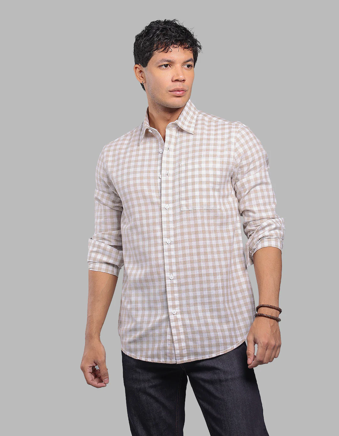 Beige White Full Sleeve Linen Blend Check Shirt