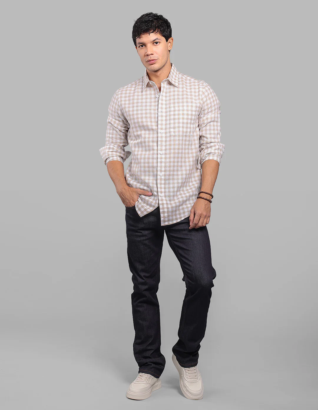 Beige White Full Sleeve Linen Blend Check Shirt - Image 2