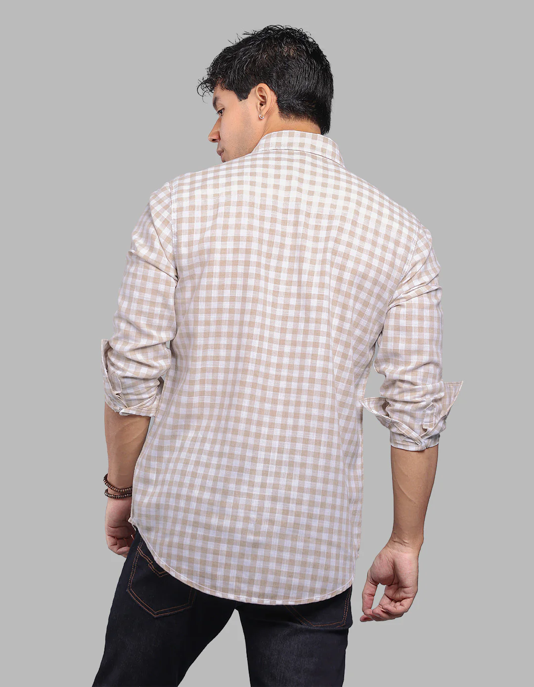 Beige White Full Sleeve Linen Blend Check Shirt - Image 5