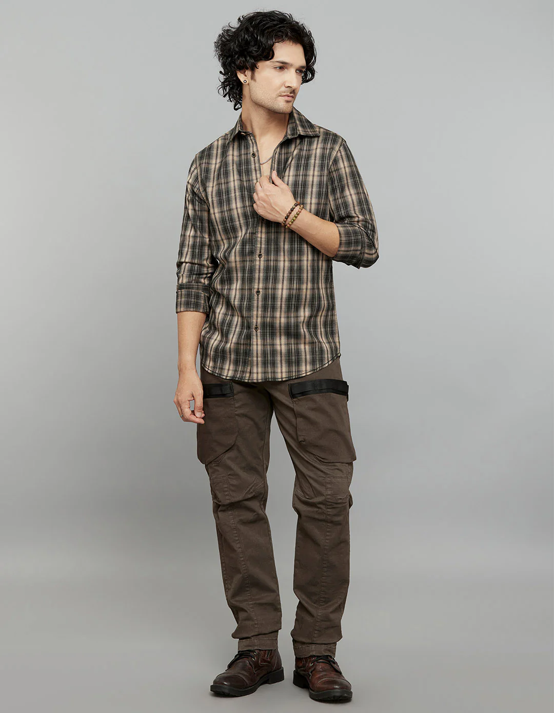 Beige White Full Sleeves Check Shirt - Image 2