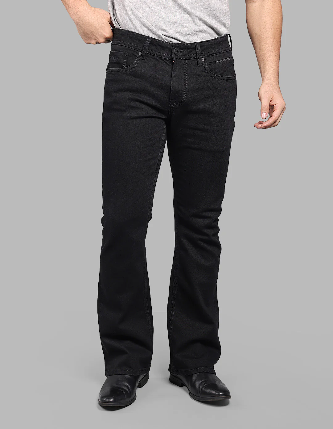 Black Mid Rise Cropped Length Loose Boot Leg Stretch Jeans