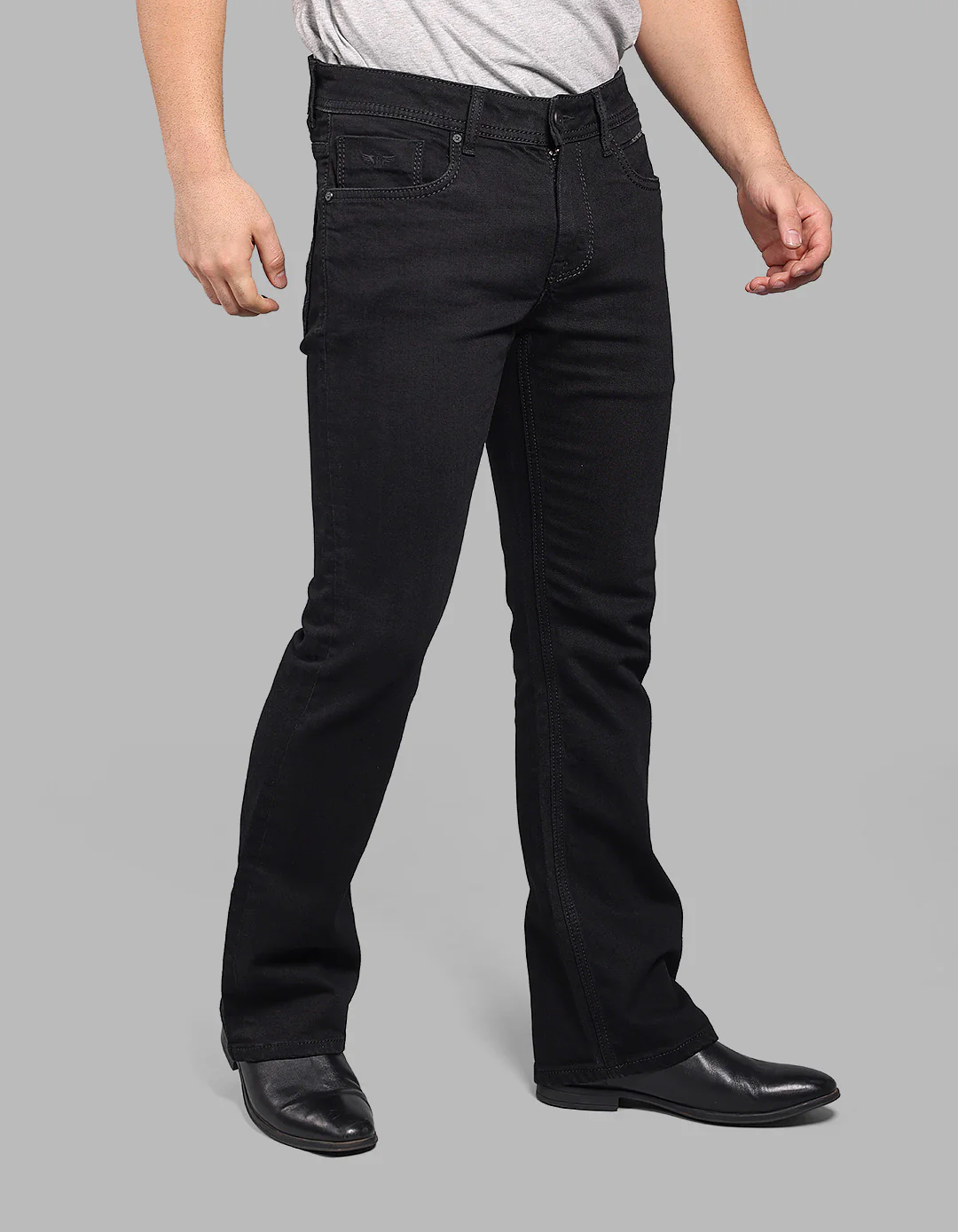 Black Mid Rise Cropped Length Loose Boot Leg Stretch Jeans - Image 6