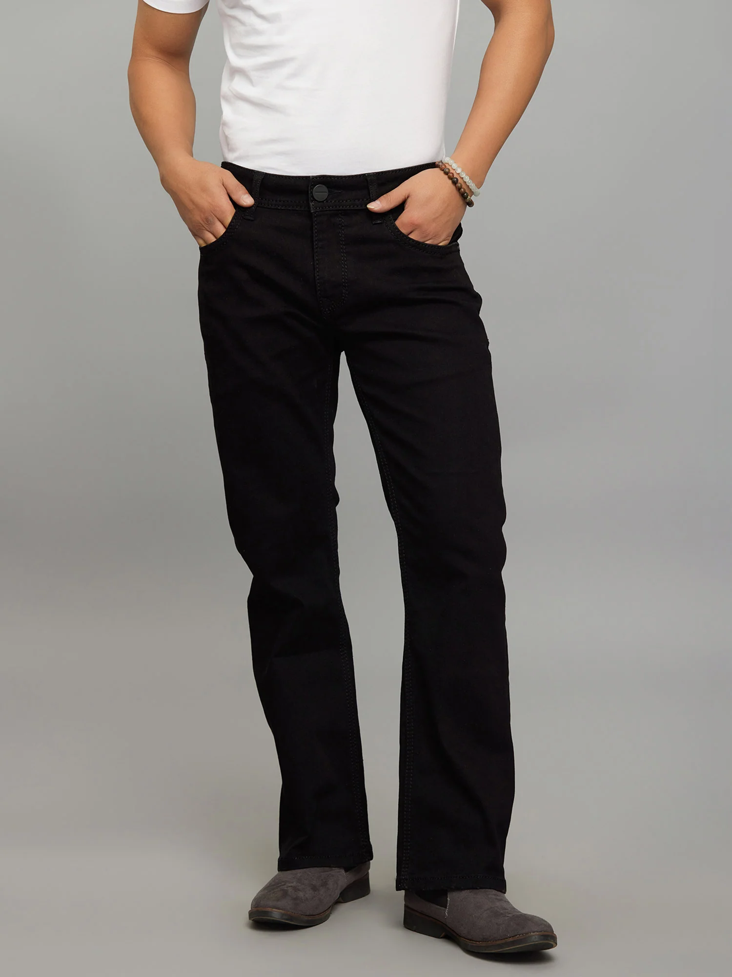 Black Mid Rise Cropped Length Loose Boot Leg Stretch Jeans