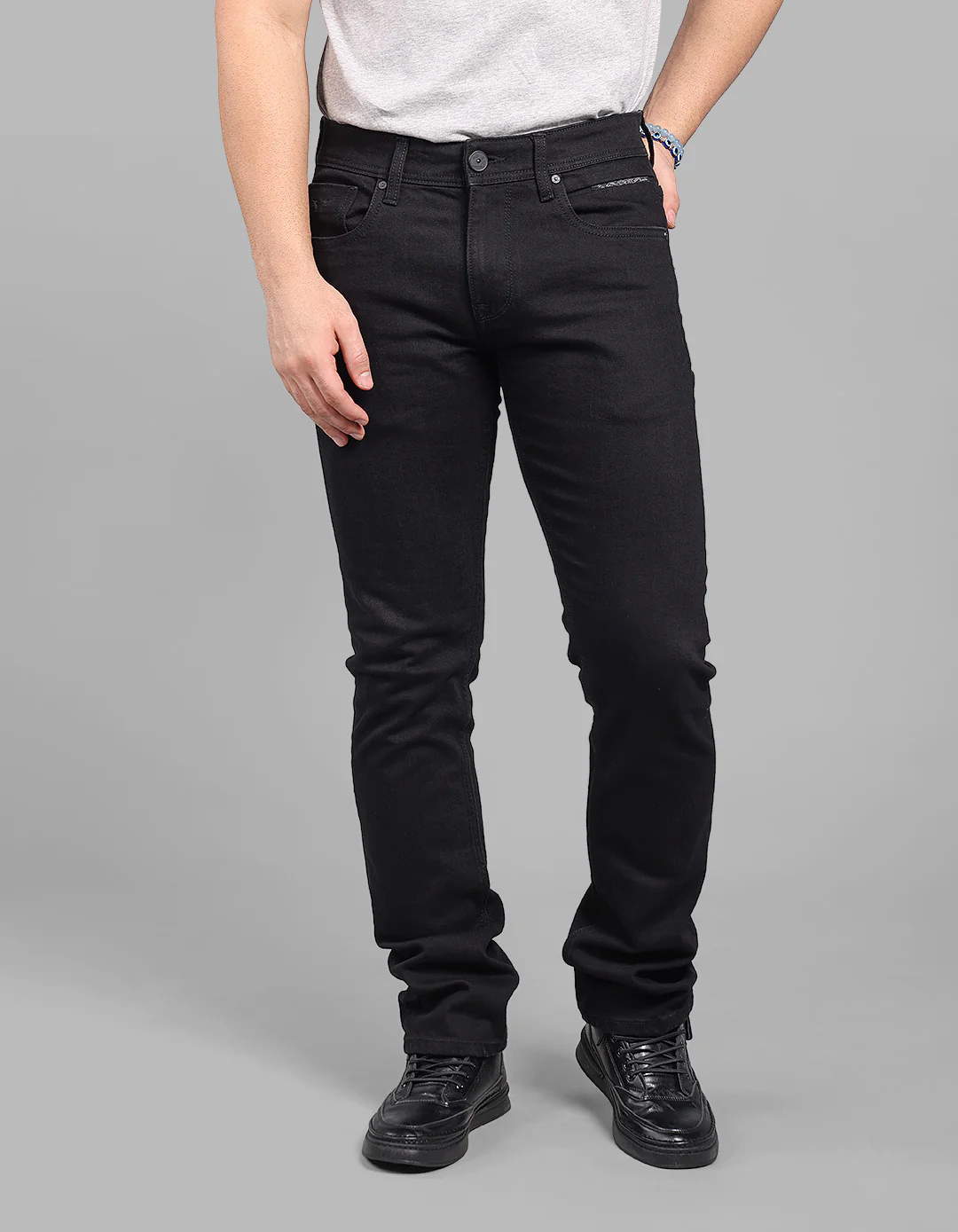 Black Mid-Rise Slim Straight Fit Stretch Jeans