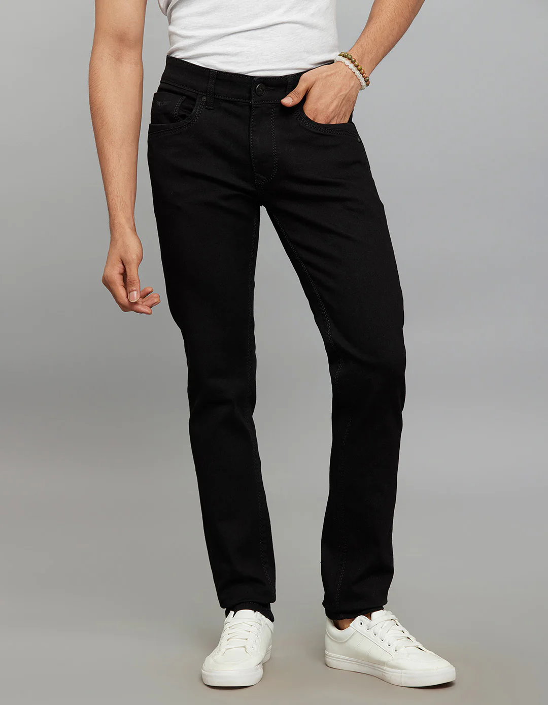 Black Mid-Rise Slim Straight Fit Stretch Jeans