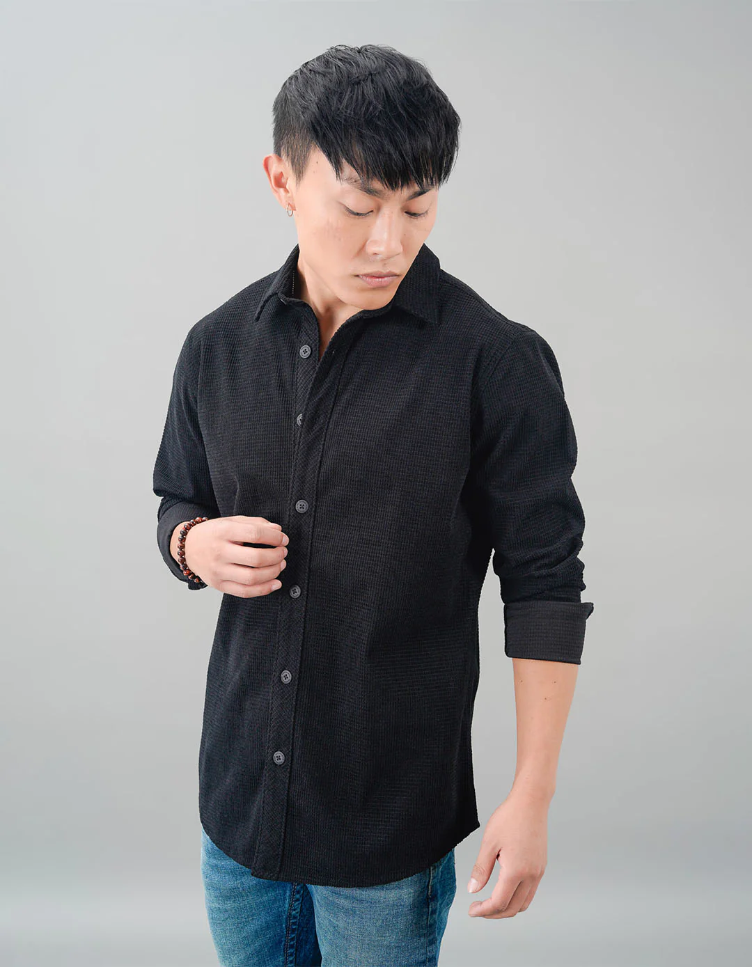 Black Full Sleeve Textured Waffle Shacket - Image 3