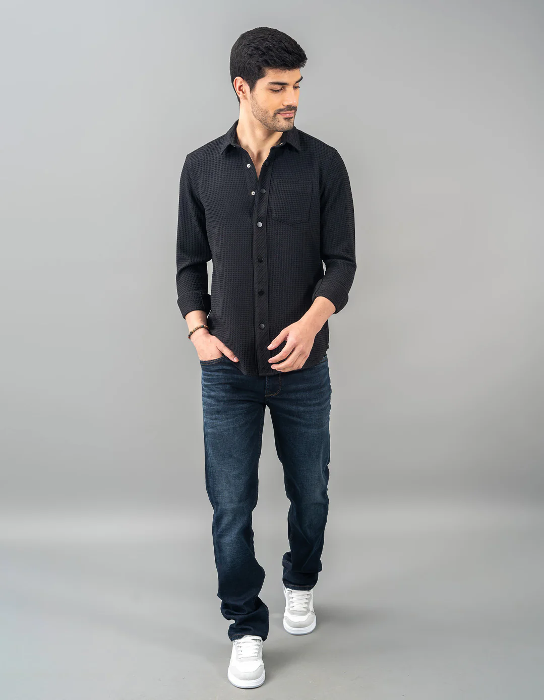 Black Full Sleeve Textured Waffle Shirt - Image 2