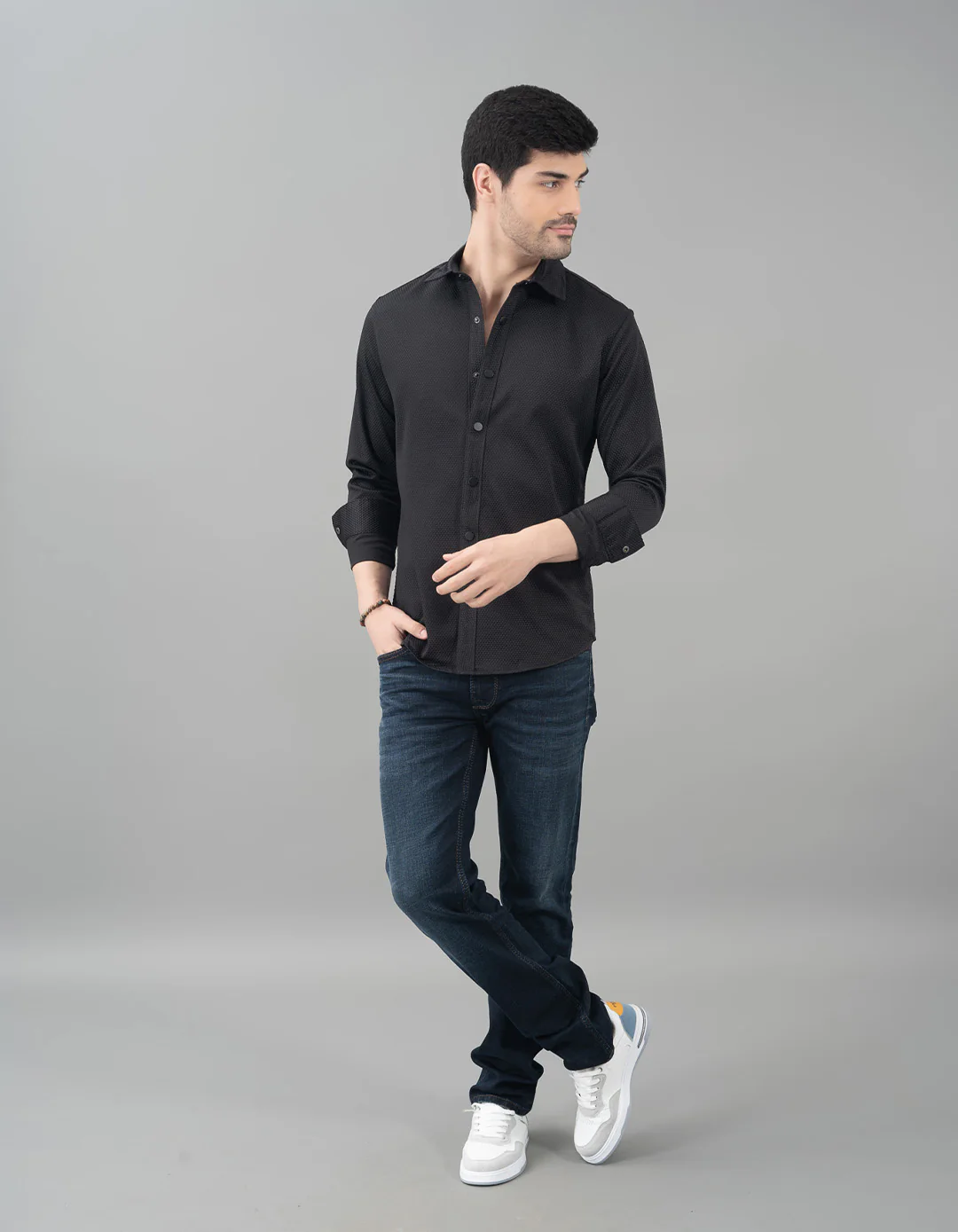 Black Full Sleeve Textured Waffle Shirt - Image 2