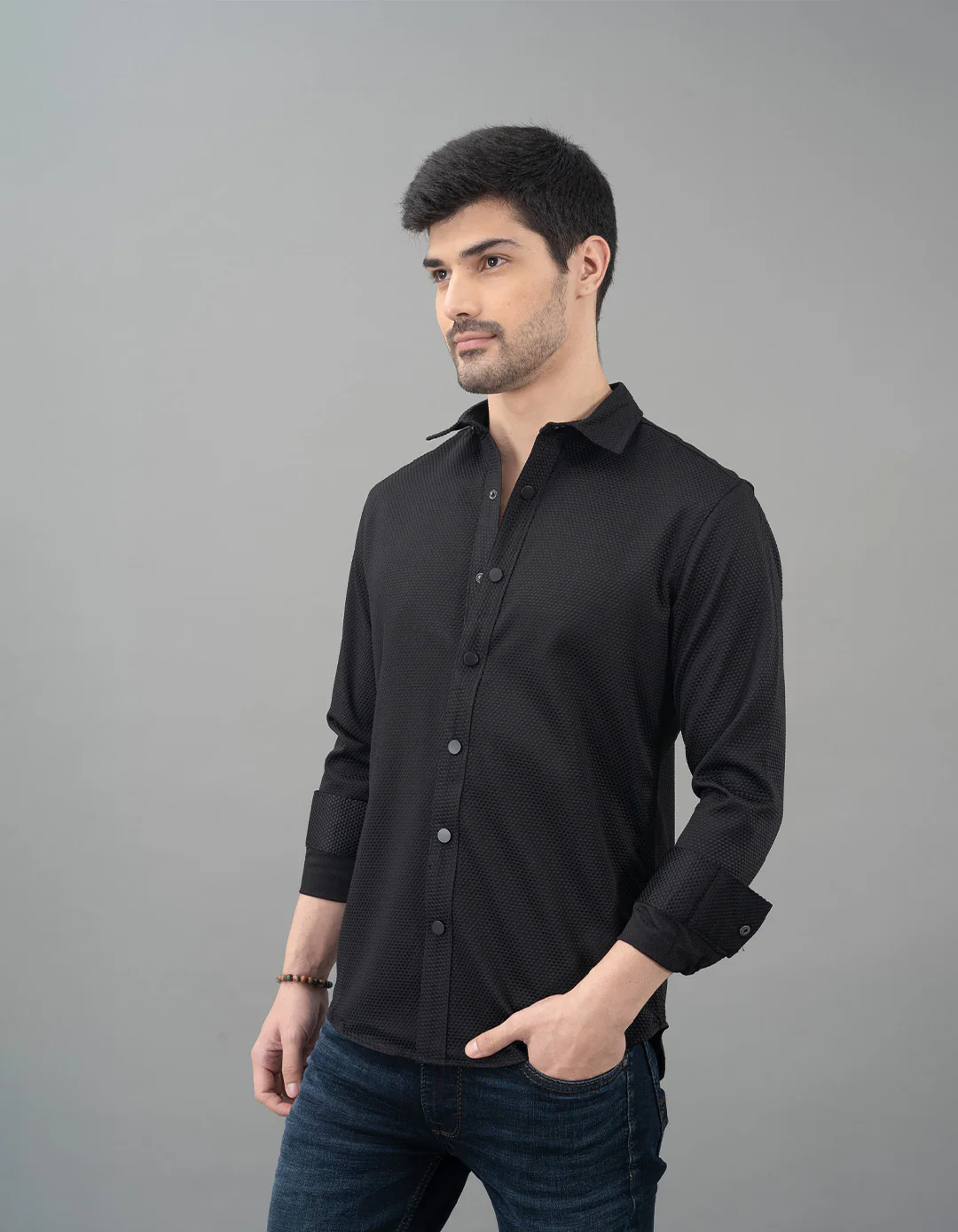 Black Full Sleeve Textured Waffle Shirt - Image 3