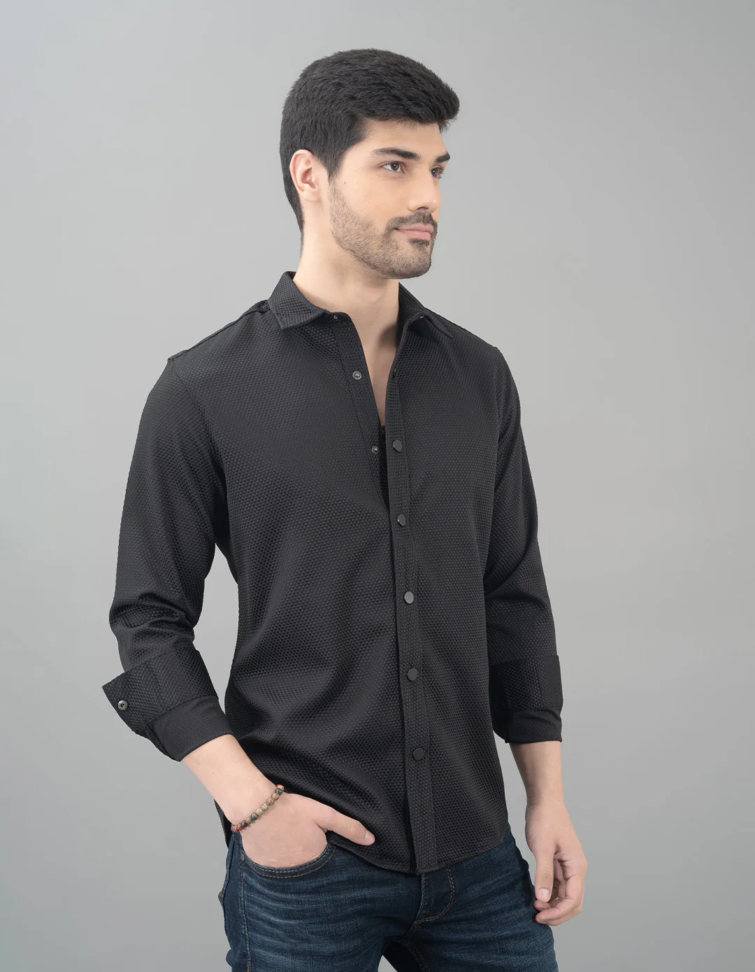Black Full Sleeve Textured Waffle Shirt - Image 4