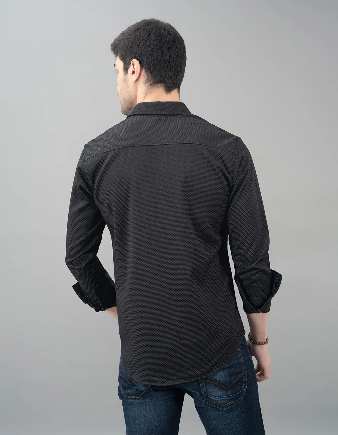 Black Full Sleeve Textured Waffle Shirt - Image 5