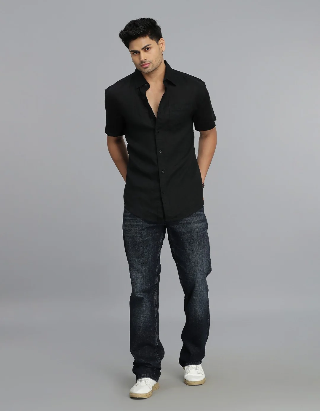Black Half Sleeves 100% Linen Shirt - Image 2