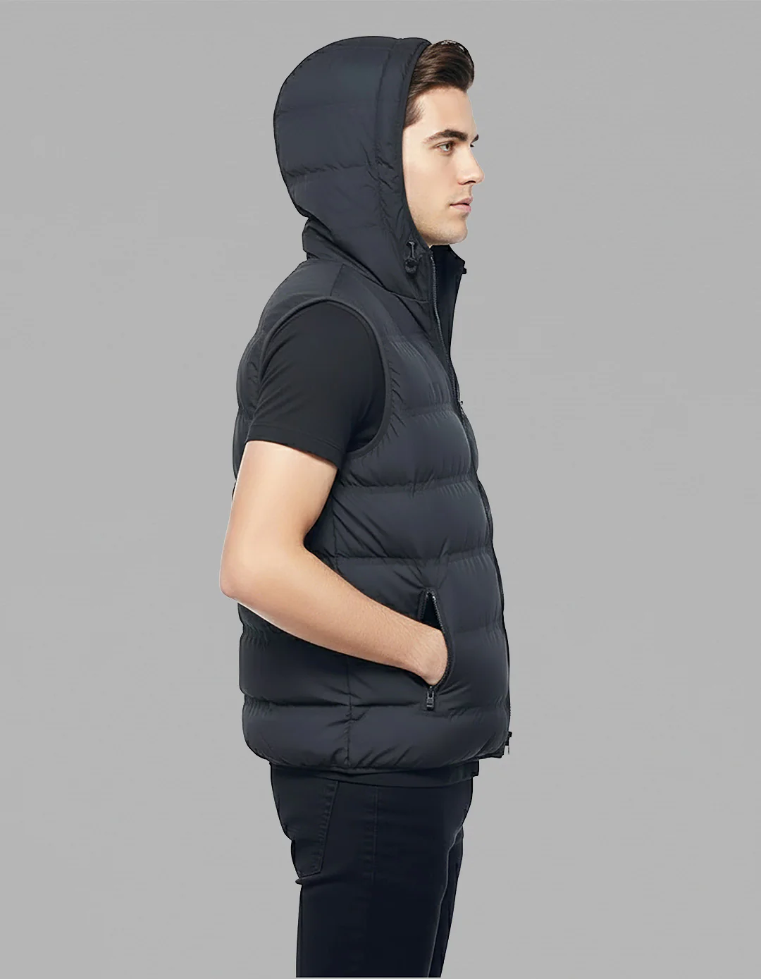 Black Sleeveless Hoodie Puffer Jacket - Image 3