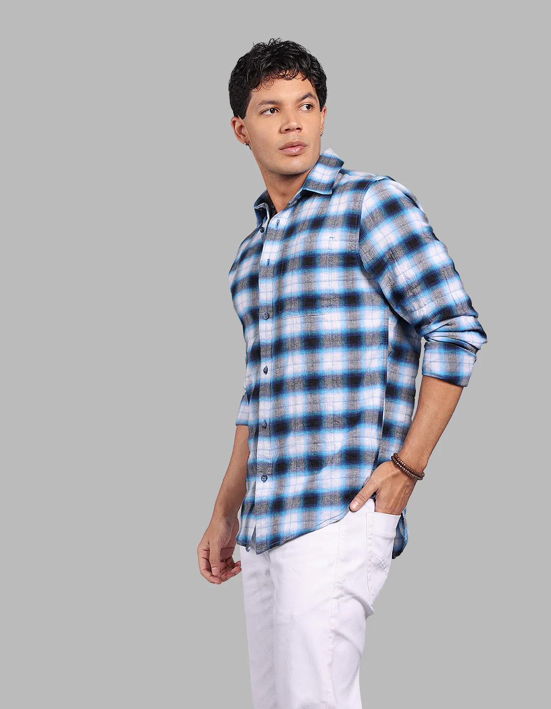 Blue 100% Cotton Full Sleeve Check Shirt - Image 3