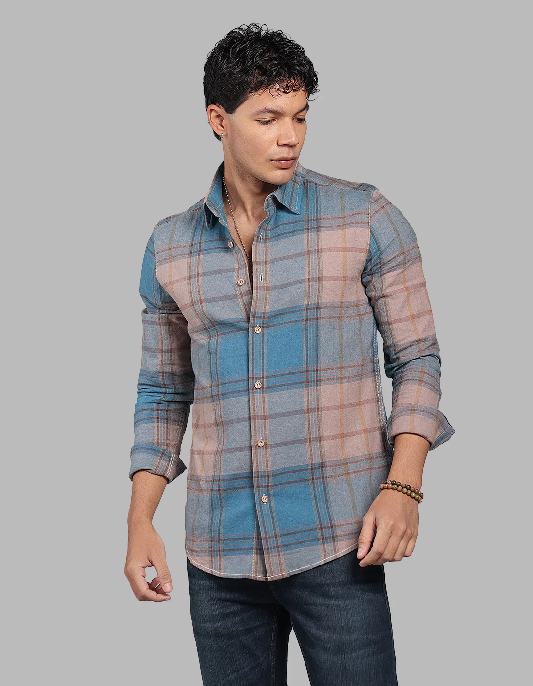 Blue Full Sleeve Linen Blend Check Shirt