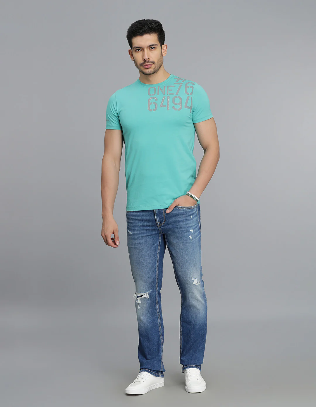 Blue Green Half Sleeves Round Neck Tee - Image 2