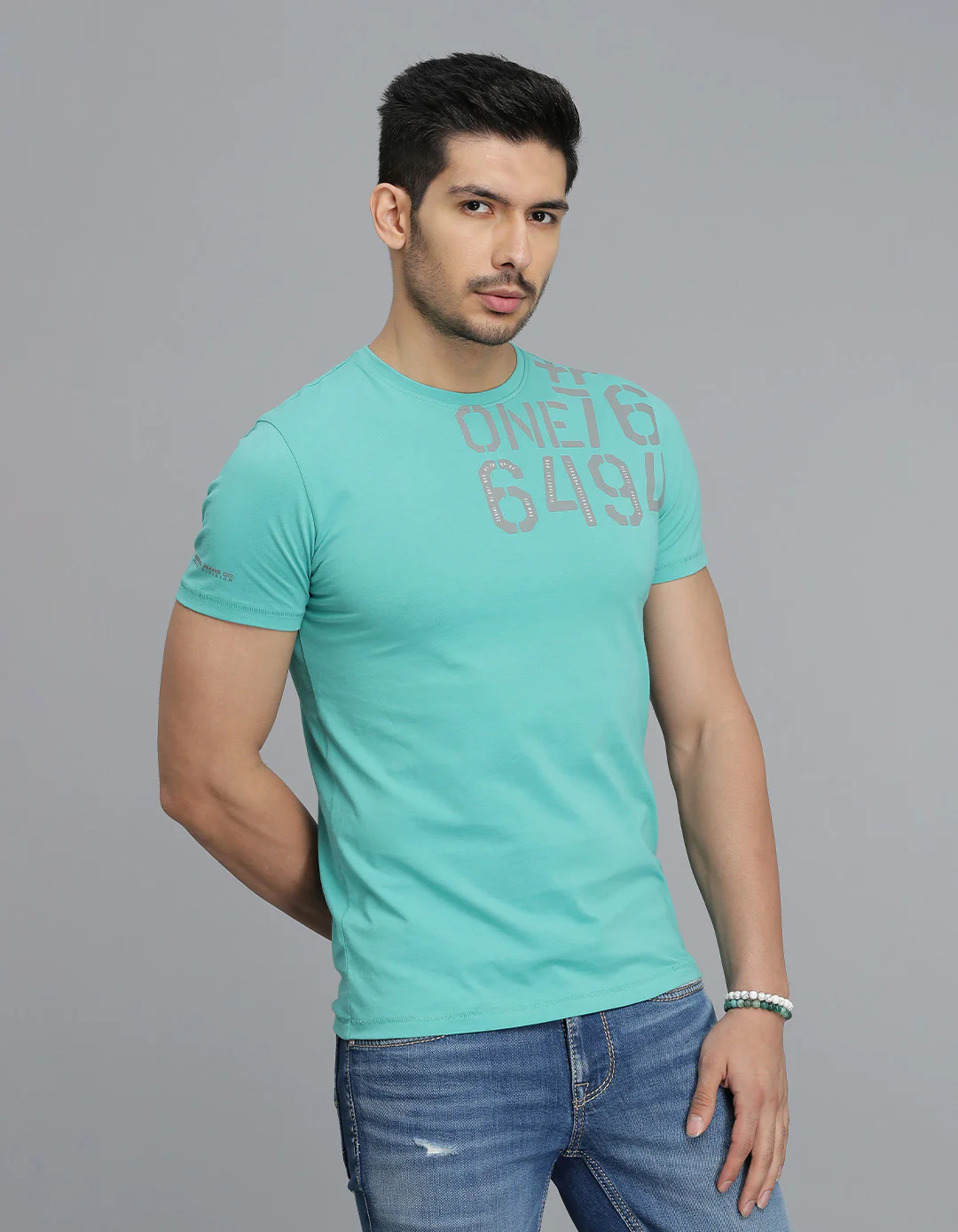 Blue Green Half Sleeves Round Neck Tee - Image 4