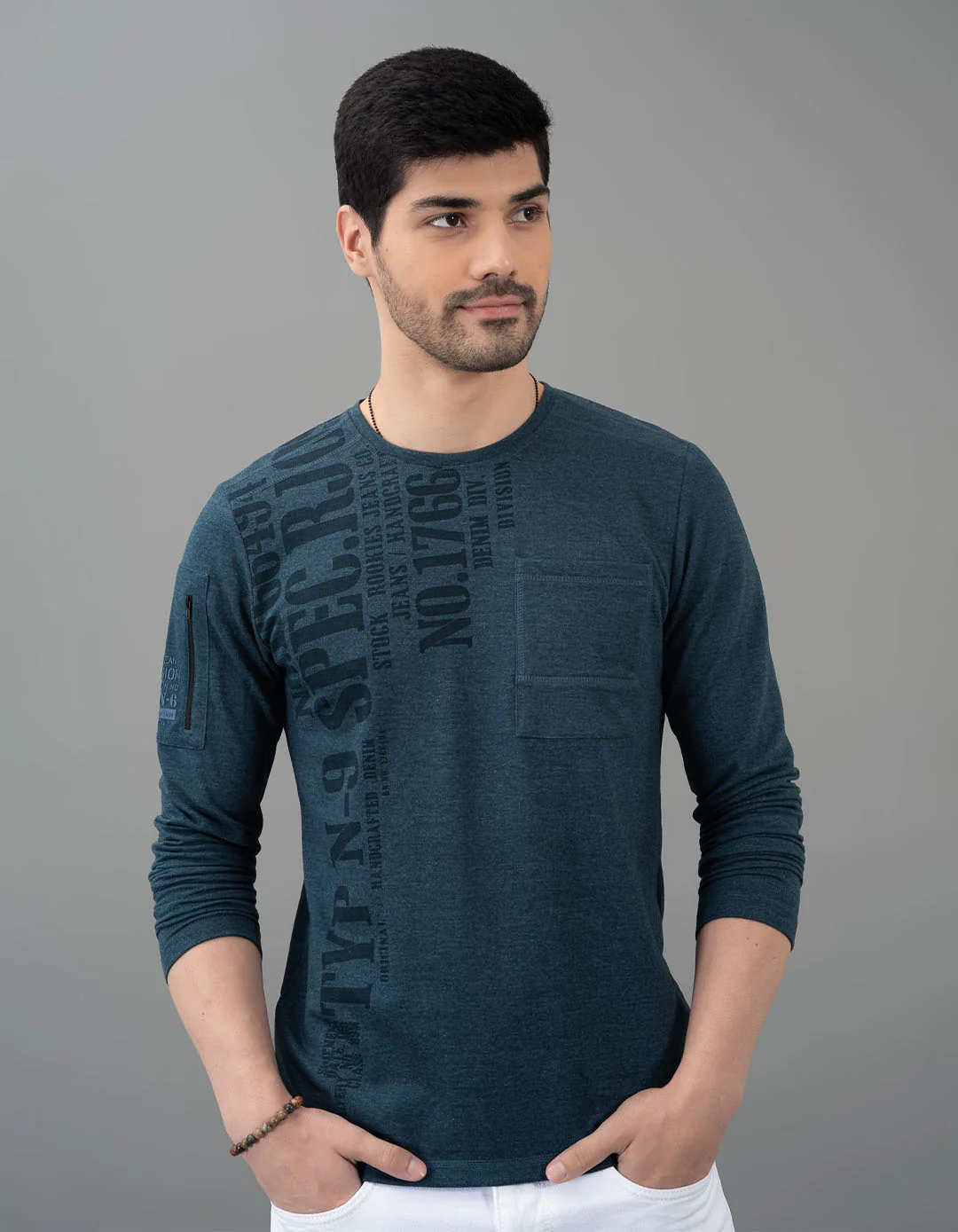 Blue Melange Full Sleeve Round Neck Tee
