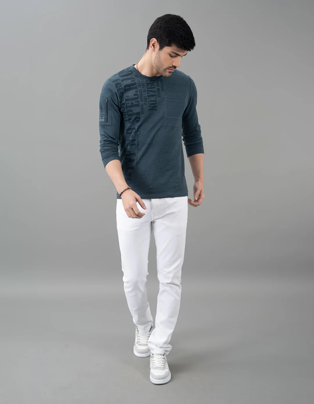 Blue Melange Full Sleeve Round Neck Tee - Image 2