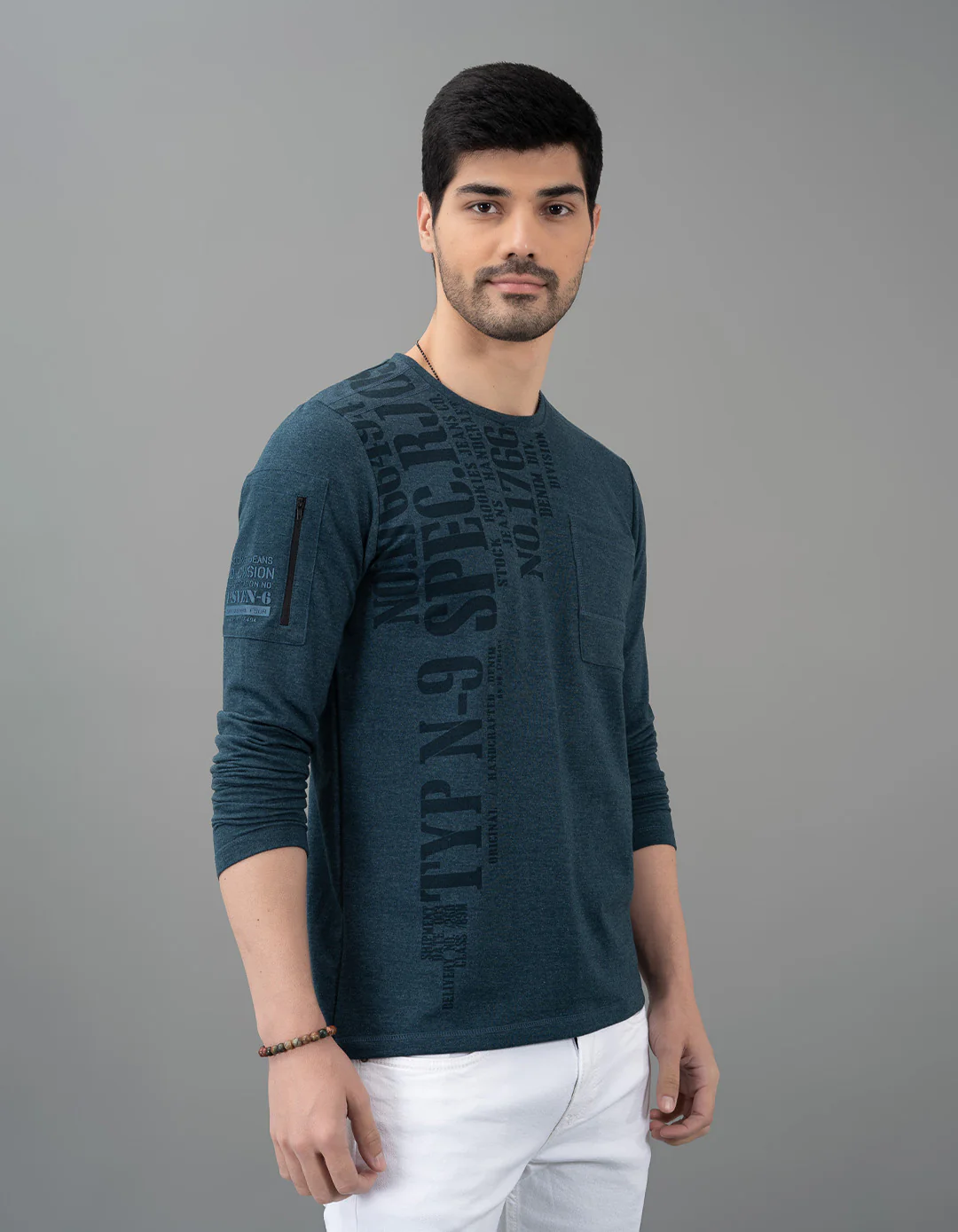 Blue Melange Full Sleeve Round Neck Tee - Image 4