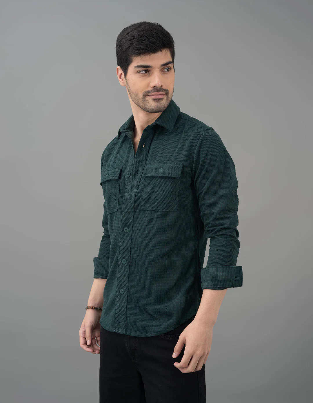 Bottle Green Full Sleeve Textured Waffle Shacket - Image 3