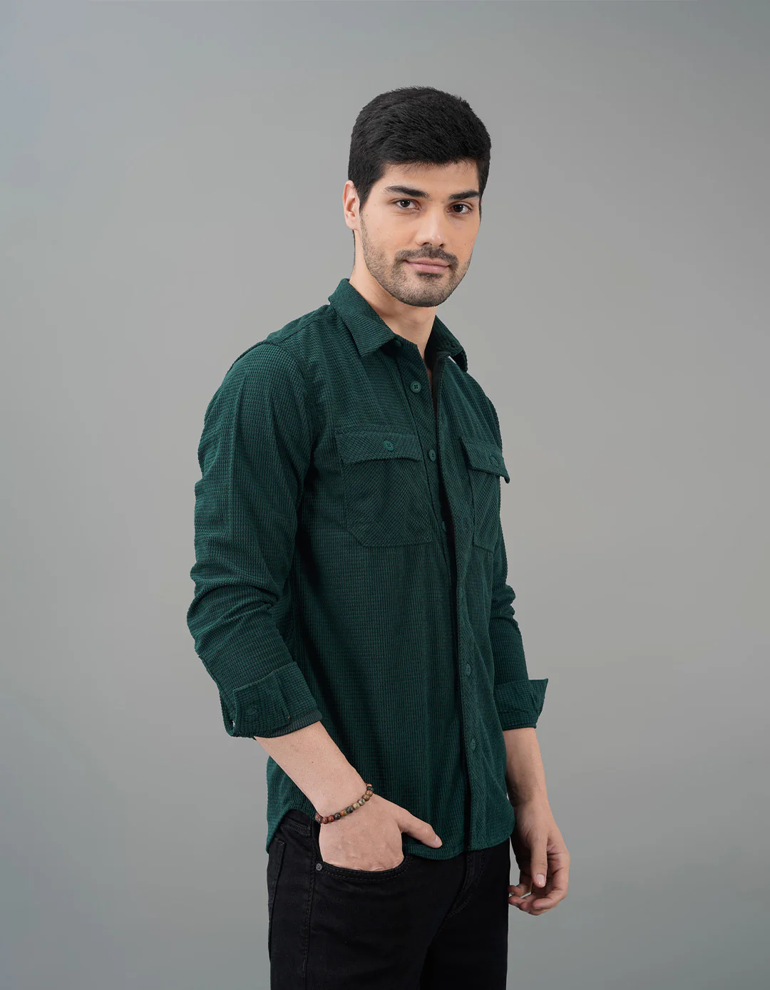 Bottle Green Full Sleeve Textured Waffle Shacket - Image 4