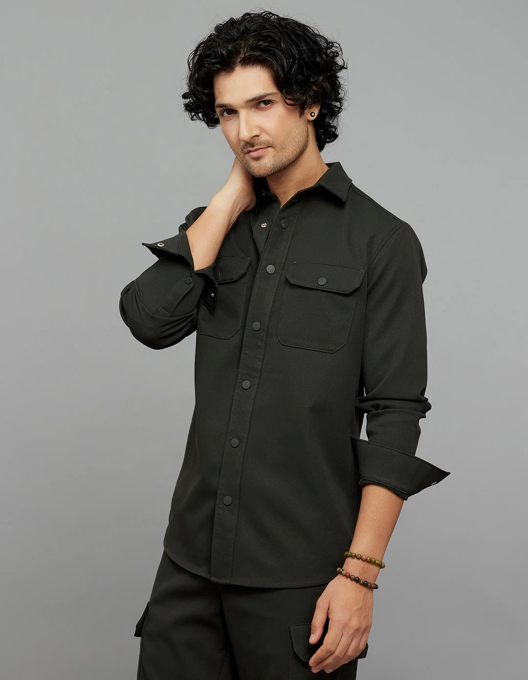 Bottle Green Full Sleeves Snap Button Front Closure Shacket - Image 3