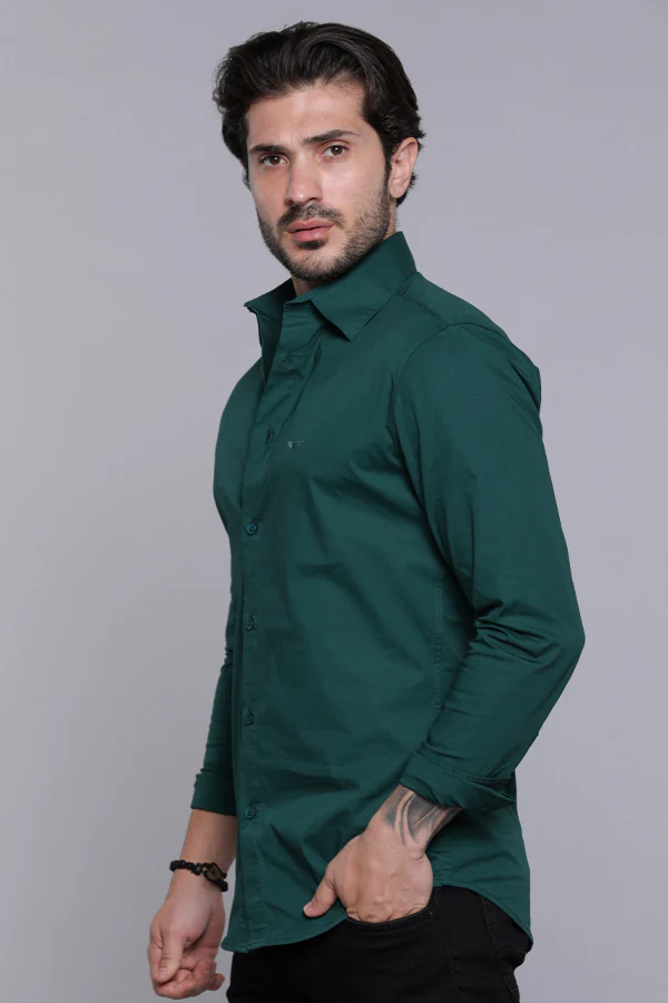 Bottle Green Full Sleeves Solid Shirt - Image 3