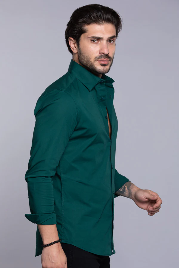 Bottle Green Full Sleeves Solid Shirt - Image 5