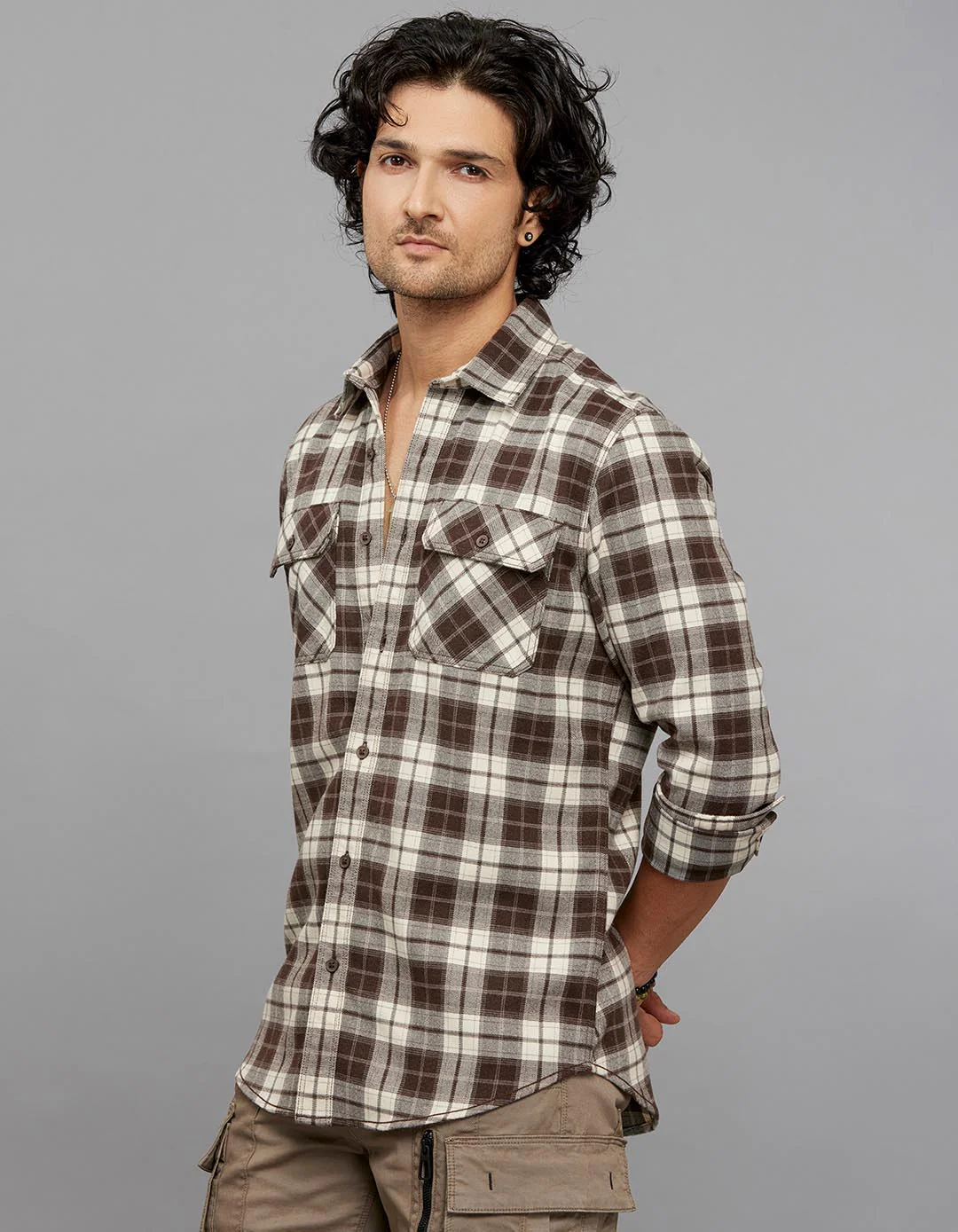 Brown Cream Full Sleeves Stretch Check Shirt - Image 3