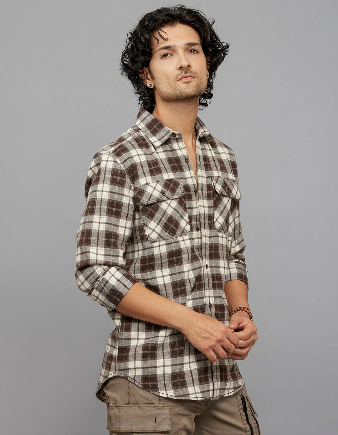 Brown Cream Full Sleeves Stretch Check Shirt - Image 4