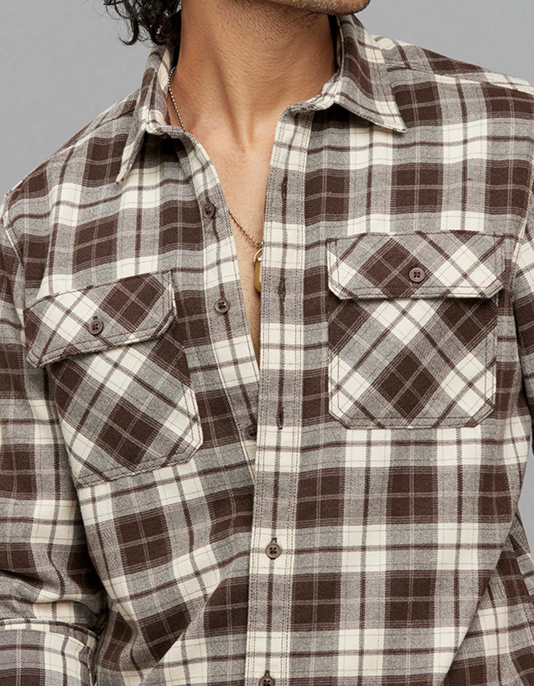 Brown Cream Full Sleeves Stretch Check Shirt - Image 5