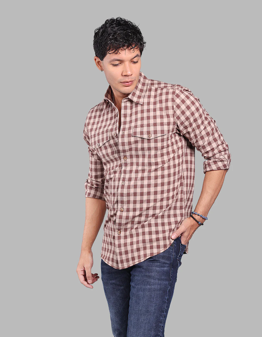 Brown 100% Cotton Full Sleeve Check Shirt - Image 3