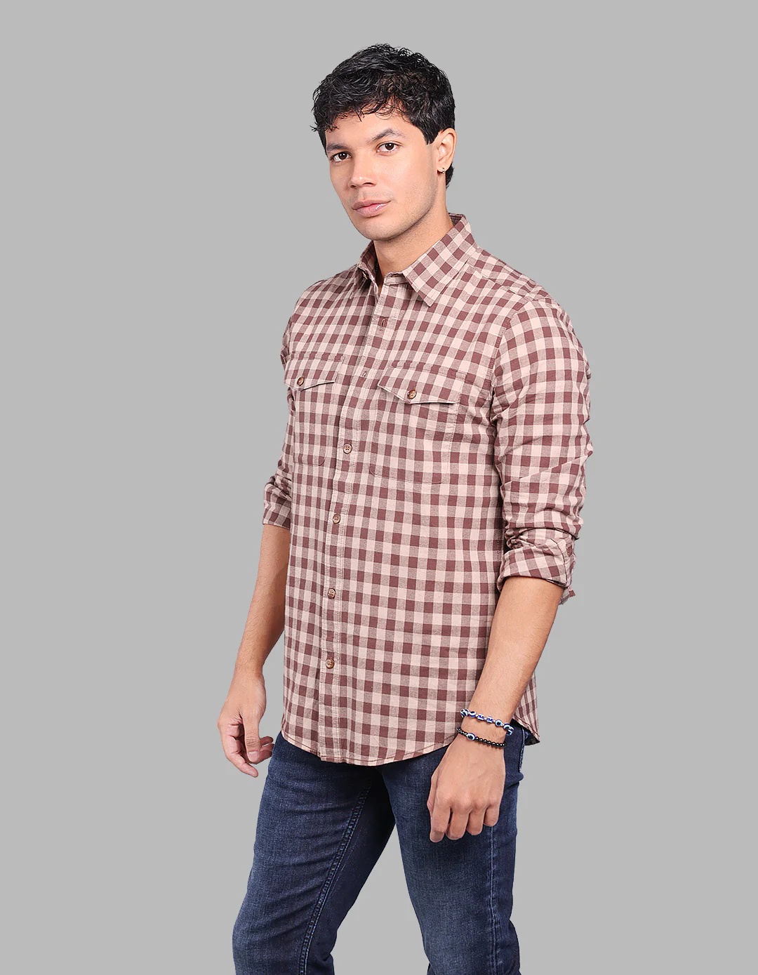 Brown 100% Cotton Full Sleeve Check Shirt - Image 4